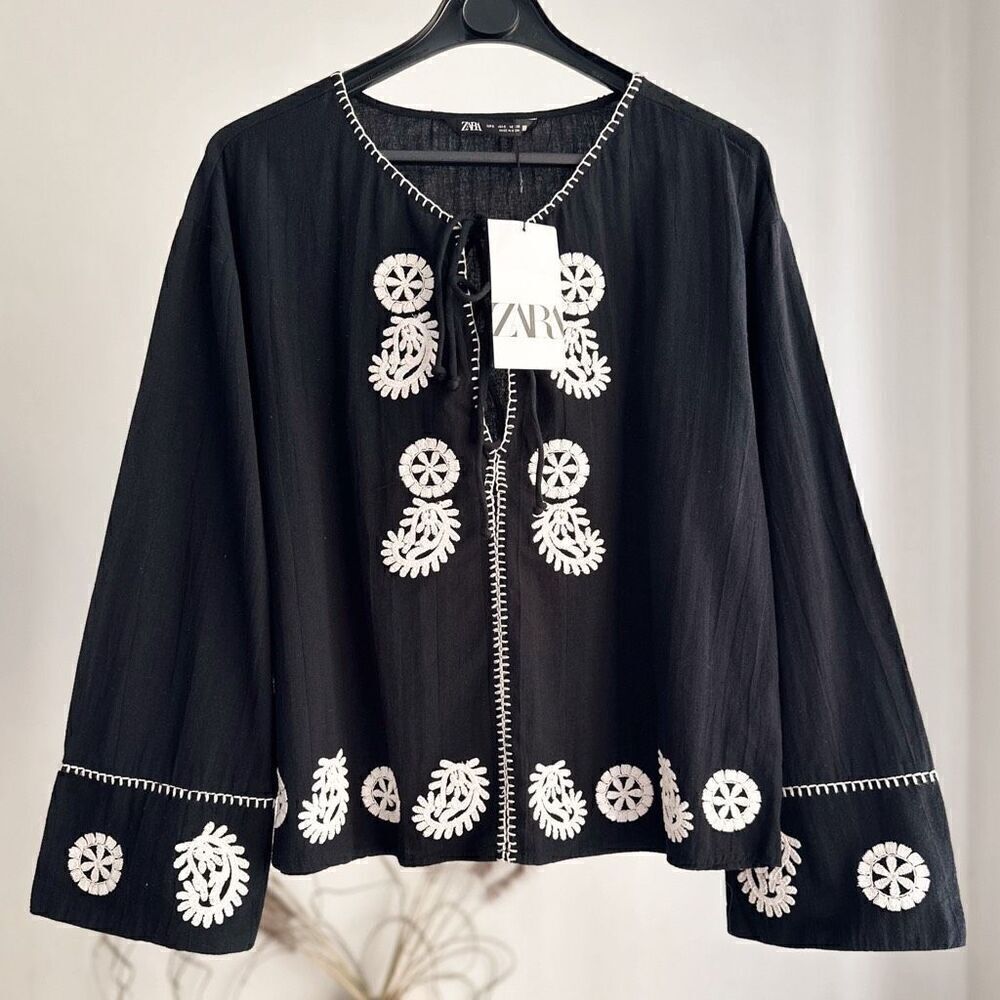 ZARA EMBROIDERED COTTON BLOUSE BLACK TIES NWT SMALL
